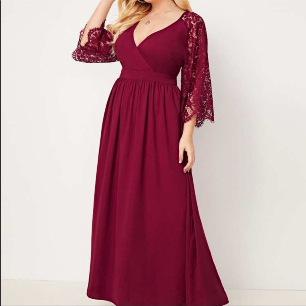 SHEIN PlungeNeck Lace Raglan Flare Dress Maroon 3x
